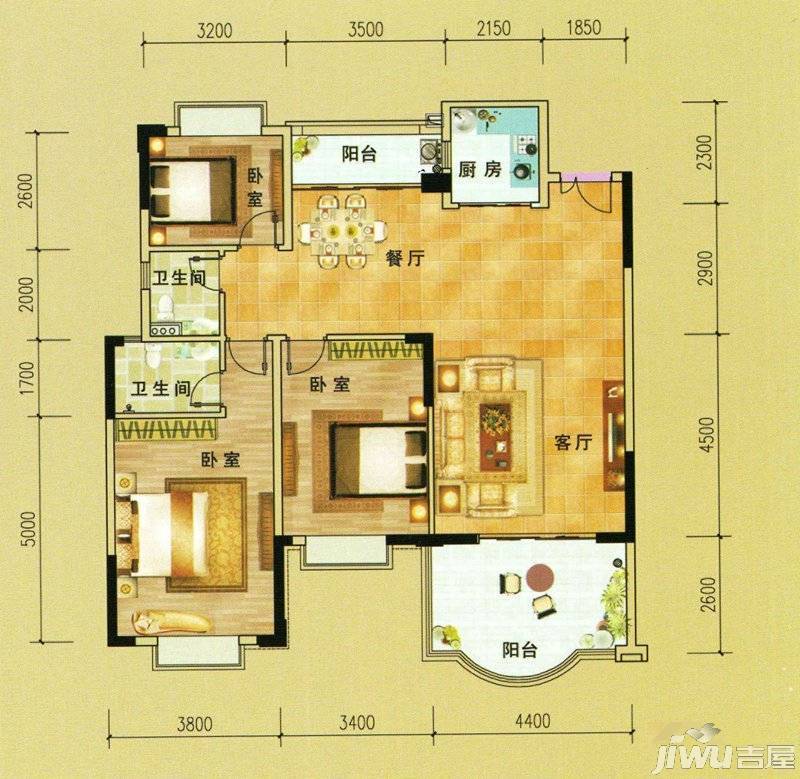 华盛新城二期2室2厅1卫81㎡户型图