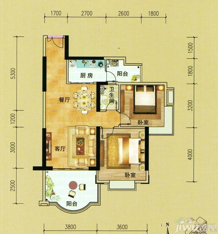 华盛新城二期2室2厅1卫81㎡户型图