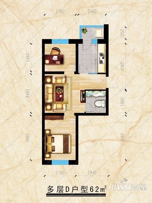 假日小城三期2室1厅1卫62㎡户型图