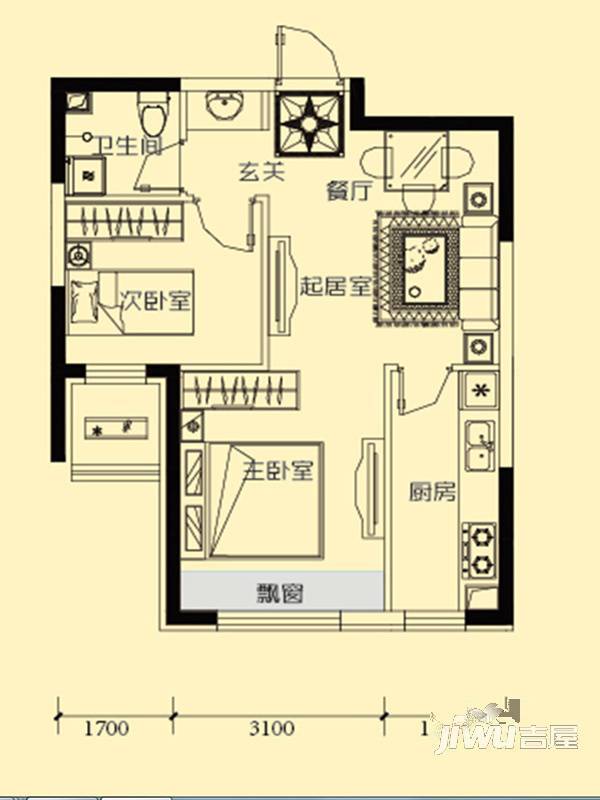 巴黎左岸2室2厅1卫59.2㎡户型图