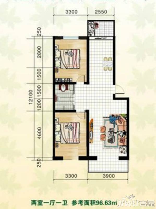 园林雅居2室1厅1卫96.6㎡户型图