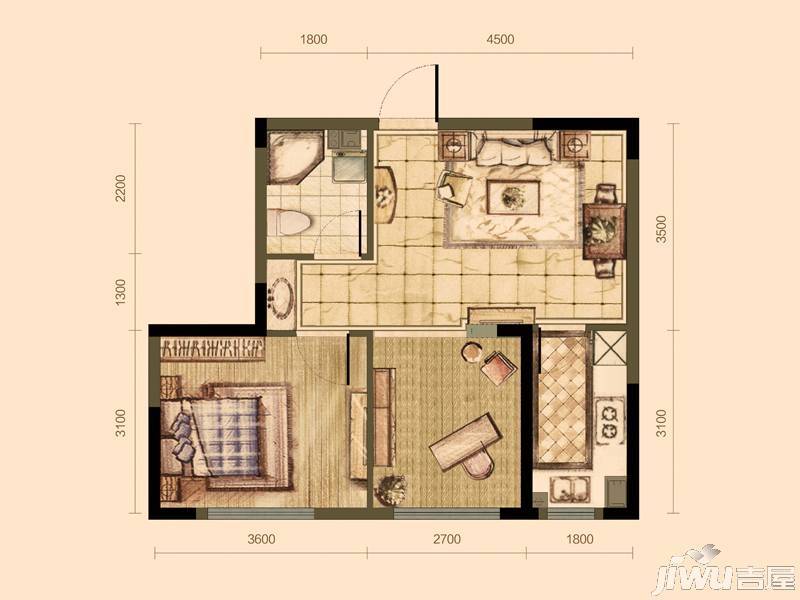 新湖国际2室2厅1卫59㎡户型图