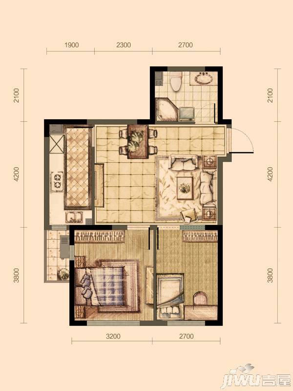 新湖国际2室2厅1卫59㎡户型图