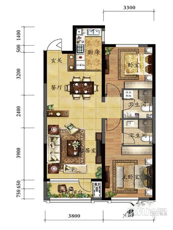 中海城和颂2室2厅2卫99㎡户型图