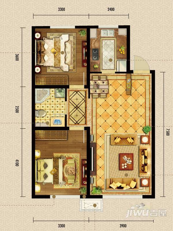 龙湖紫都城一期2室2厅1卫90㎡户型图