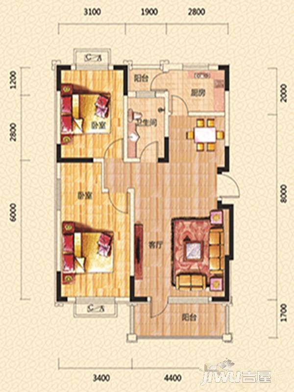 富兴湖畔欣城2室2厅1卫94.1㎡户型图