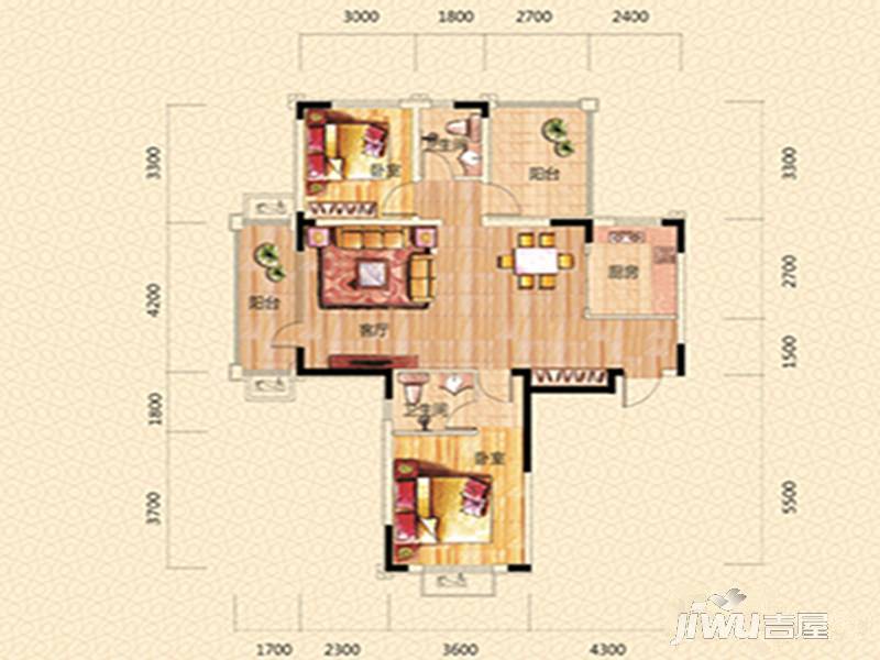 富兴湖畔欣城2室2厅2卫102.3㎡户型图