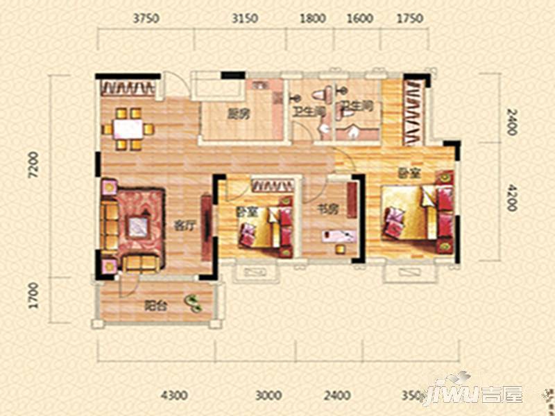 富兴湖畔欣城2室2厅2卫102.7㎡户型图