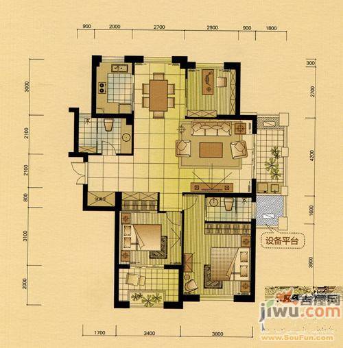 宁兴金色海岸花园3室2厅2卫128㎡户型图