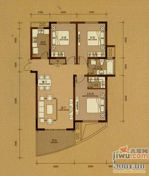 万宇滨海新境3室2厅1卫120.9㎡户型图