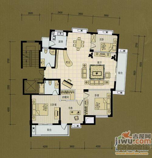 金色阳光花园3室2厅1卫181㎡户型图