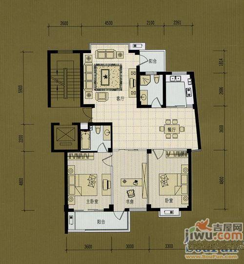 金色阳光花园3室2厅1卫136㎡户型图