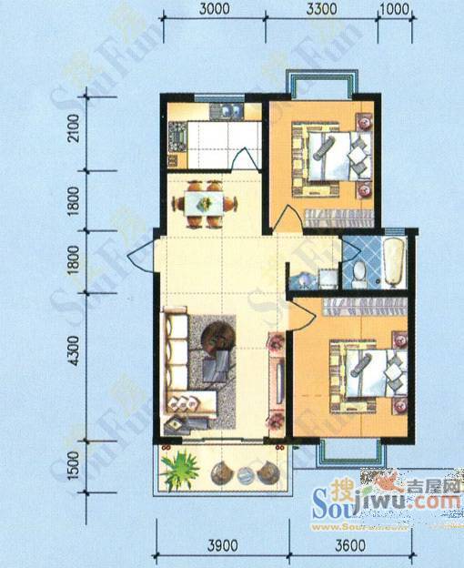 大桥新城2室2厅1卫88.6㎡户型图