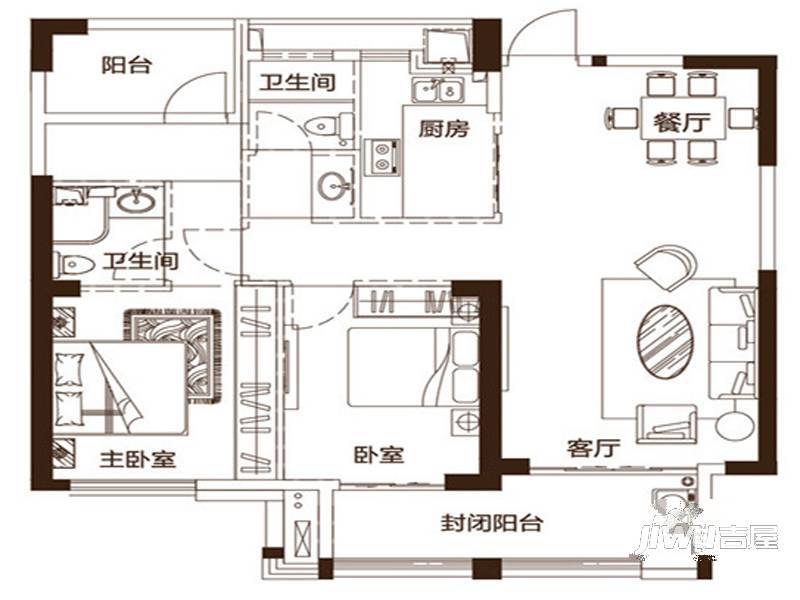 正荣财富中心3室2厅2卫128㎡户型图