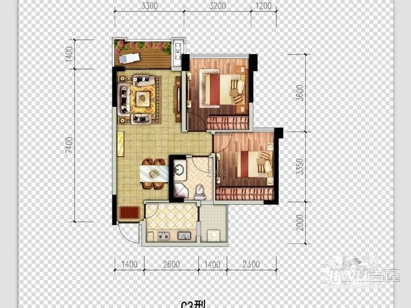 邦泰华府公馆2室2厅1卫65㎡户型图