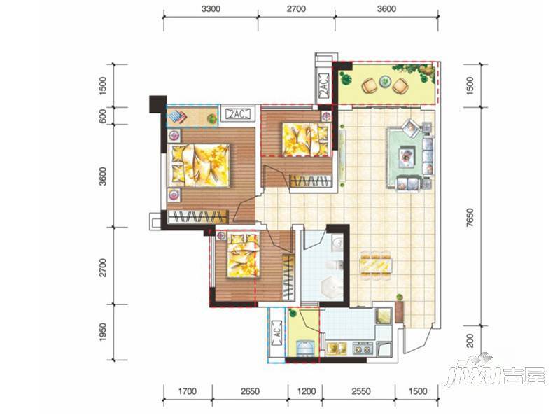 龙腾东麓城3室2厅1卫82.2㎡户型图