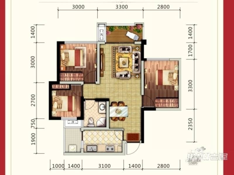 邦泰华府公馆3室2厅1卫70㎡户型图