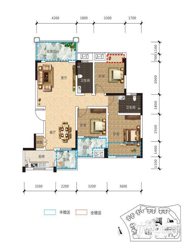 天立香缇华府3室2厅2卫109㎡户型图