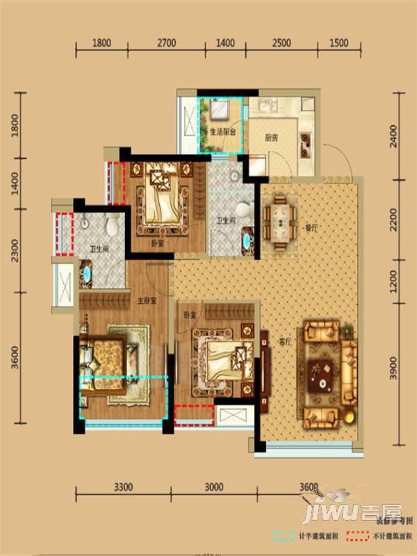 保利林语溪3室2厅2卫88㎡户型图