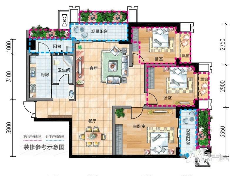 香悦城悦公馆4室2厅2卫129㎡户型图