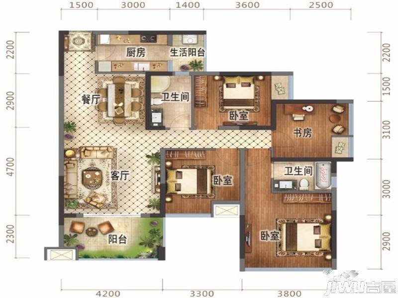 万锦城4室2厅2卫115㎡户型图