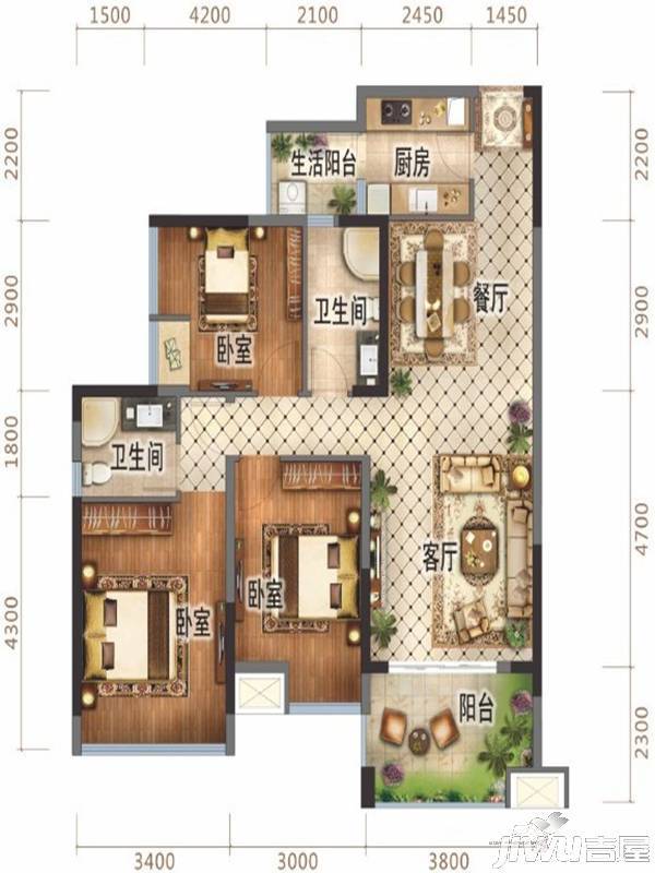 万锦城3室2厅2卫95㎡户型图