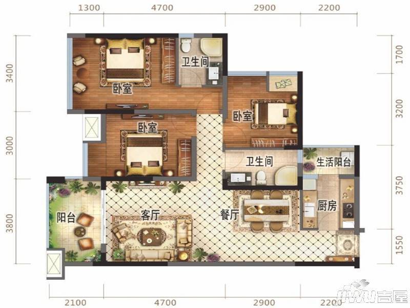 万锦城3室2厅2卫94㎡户型图