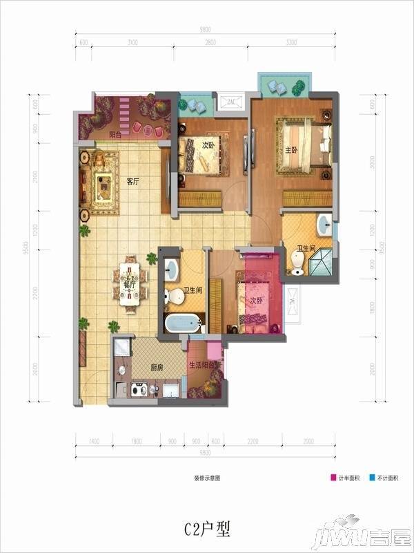 佳兆业丽晶公馆商铺3室2厅2卫93㎡户型图