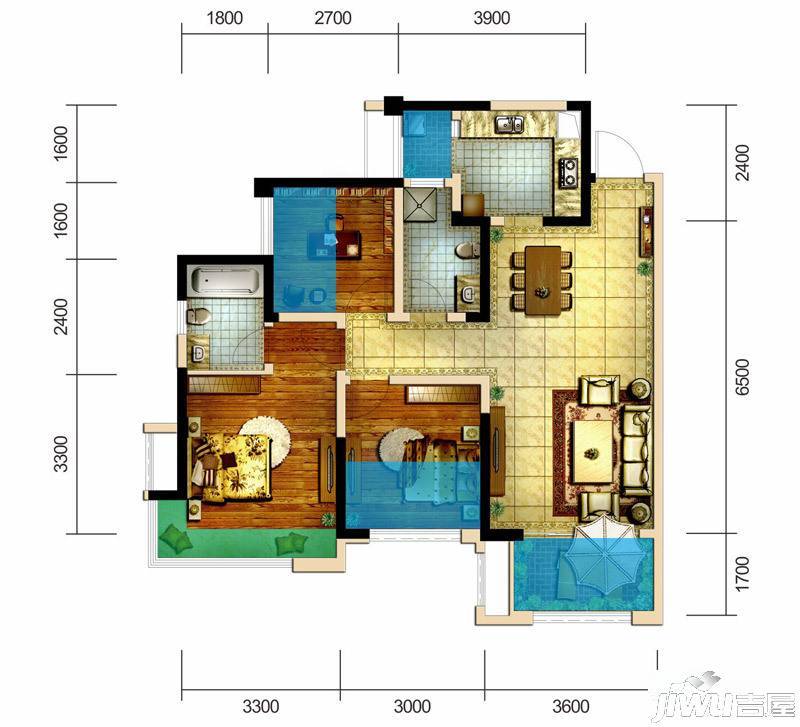 世豪金河谷五期3室2厅2卫88㎡户型图