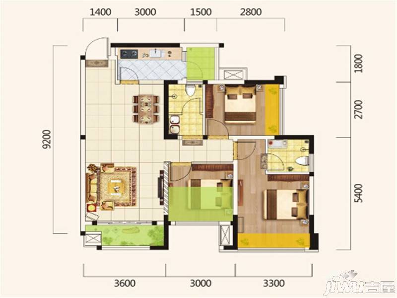 盛世华庭商铺3室2厅2卫90㎡户型图