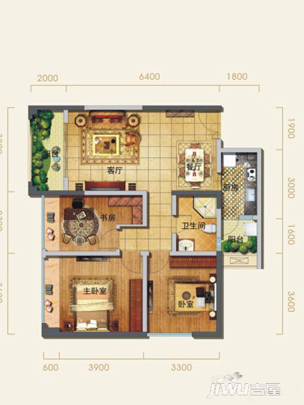 嘉悦汇3室2厅1卫95.6㎡户型图