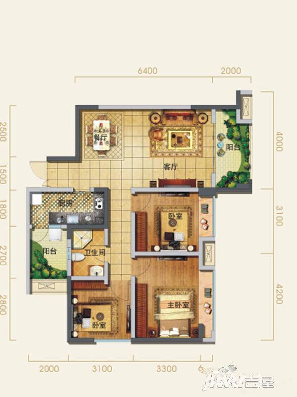 嘉悦汇3室2厅1卫101.3㎡户型图