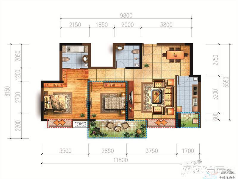 宗申赛纳庄园2室2厅2卫82.5㎡户型图