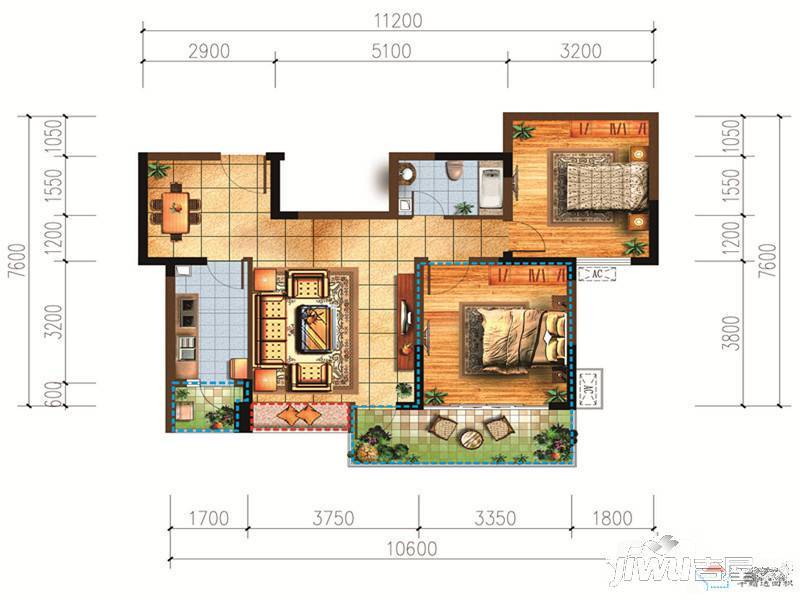 宗申赛纳庄园2室2厅1卫76.6㎡户型图