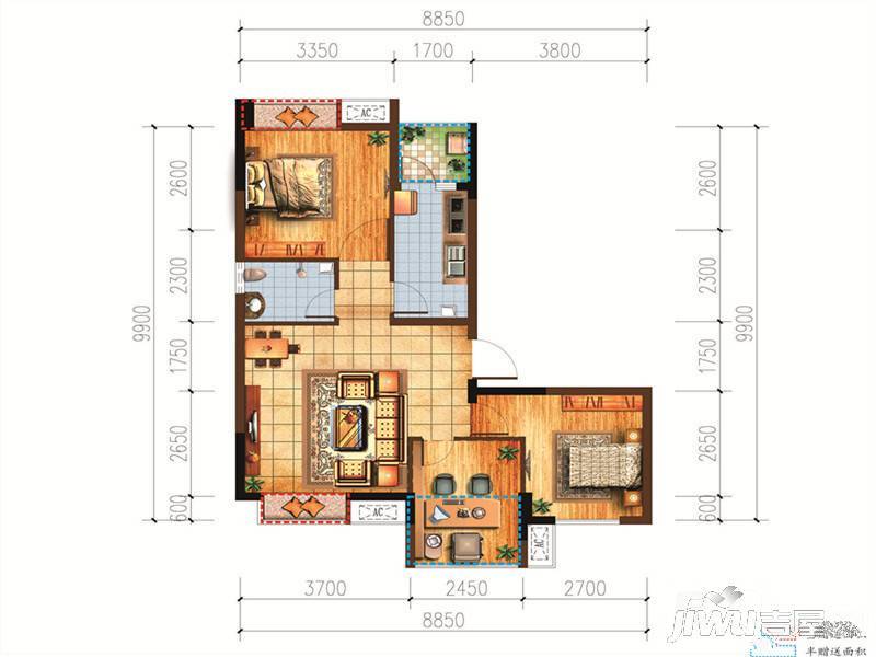 宗申赛纳庄园2室2厅1卫85.5㎡户型图