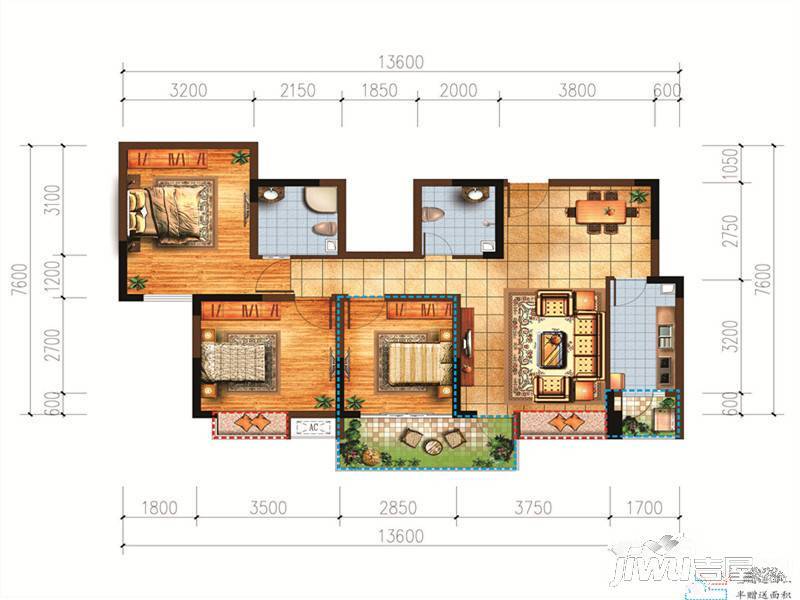 宗申赛纳庄园3室2厅2卫99.8㎡户型图