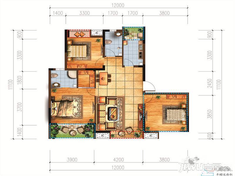 宗申赛纳庄园3室2厅2卫110.4㎡户型图