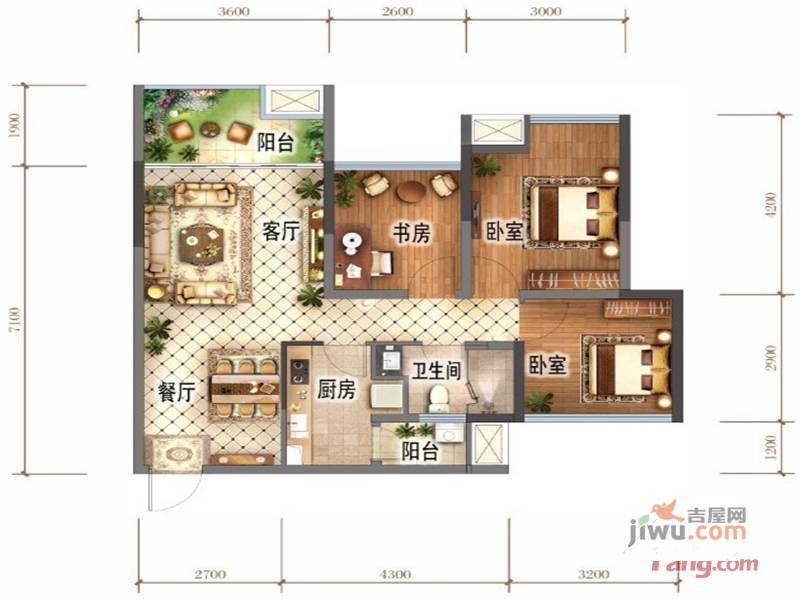 万锦城3室2厅2卫75㎡户型图