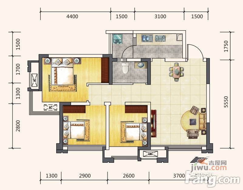 蓝润棠湖春天V客3室2厅1卫77㎡户型图