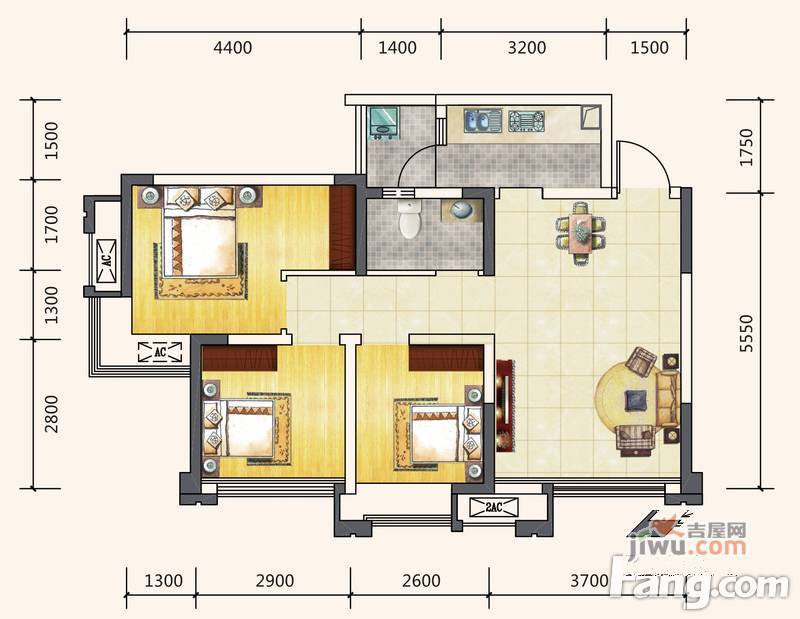 蓝润棠湖春天V客3室2厅1卫74㎡户型图