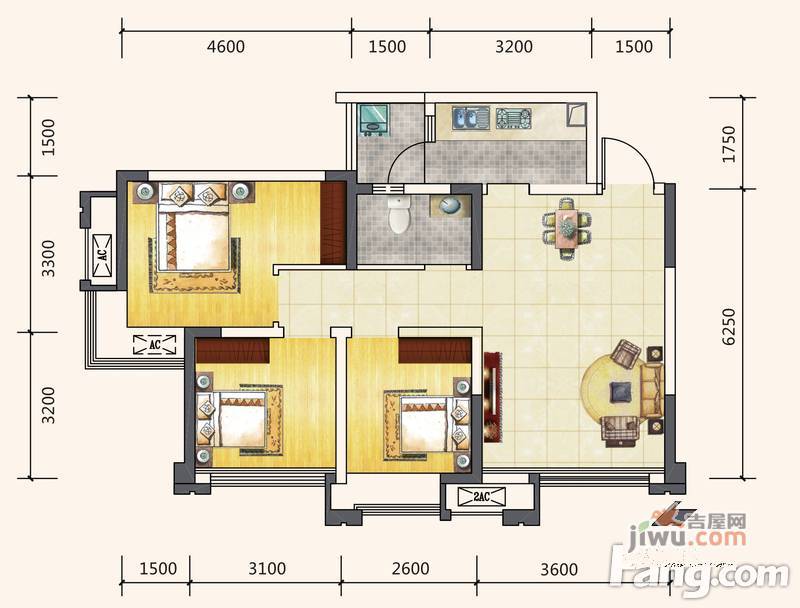 蓝润棠湖春天V客3室2厅1卫83㎡户型图