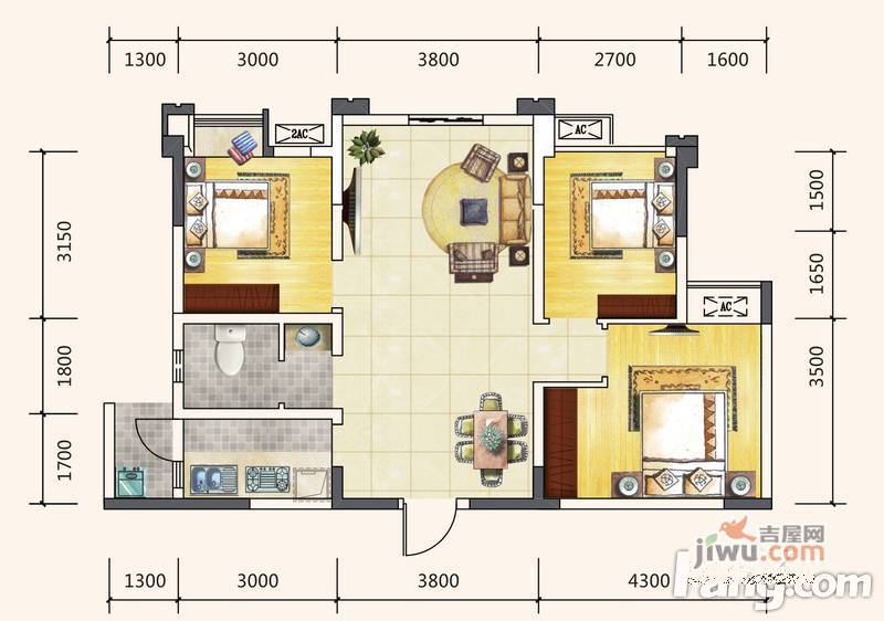 蓝润棠湖春天V客3室2厅1卫83㎡户型图