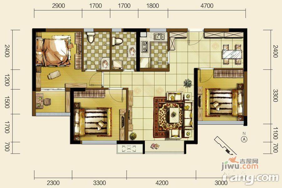 双发东城印象3室2厅2卫96.4㎡户型图