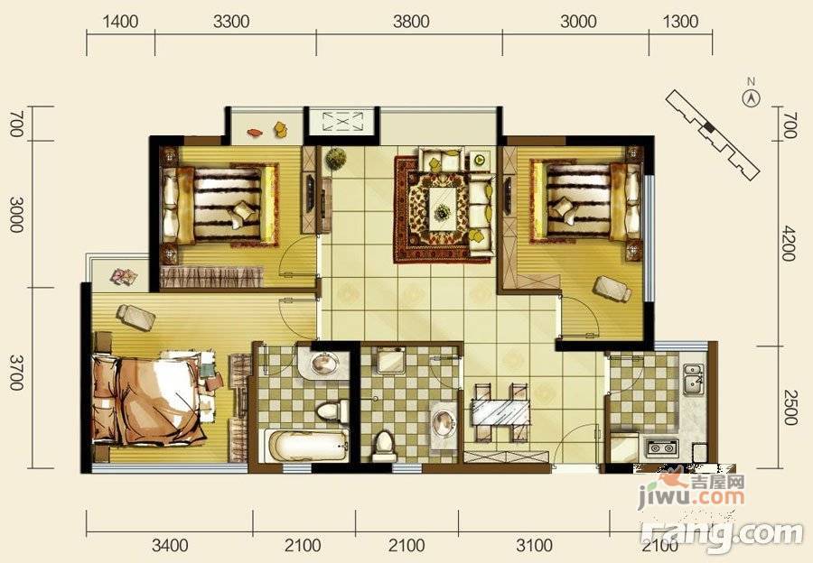 双发东城印象3室2厅2卫96.4㎡户型图