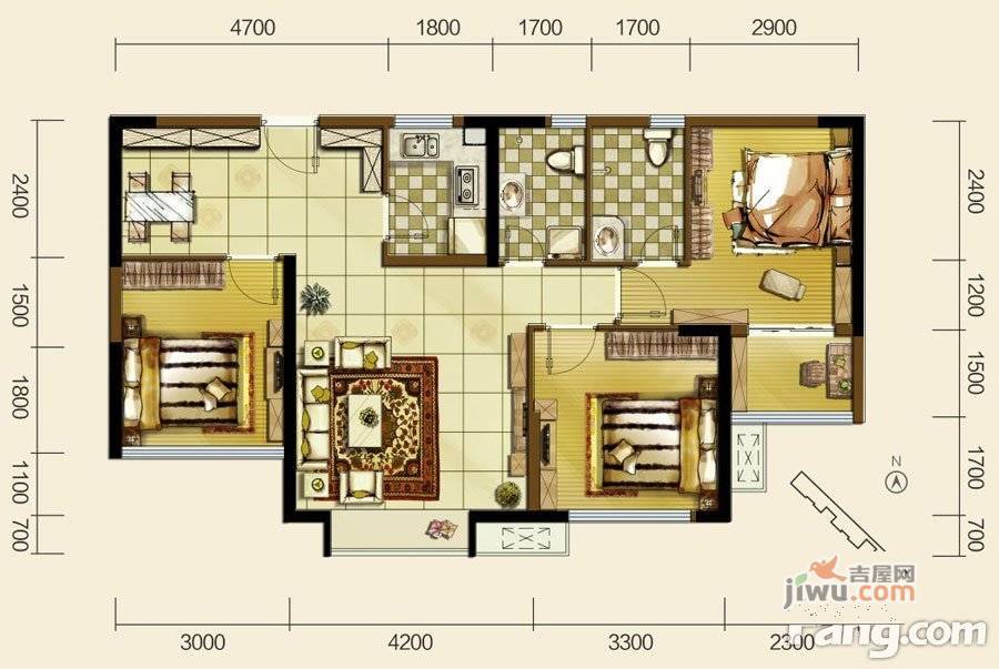 双发东城印象3室2厅2卫96.4㎡户型图