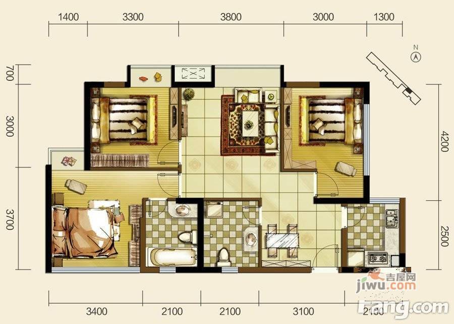 双发东城印象3室2厅2卫96.4㎡户型图