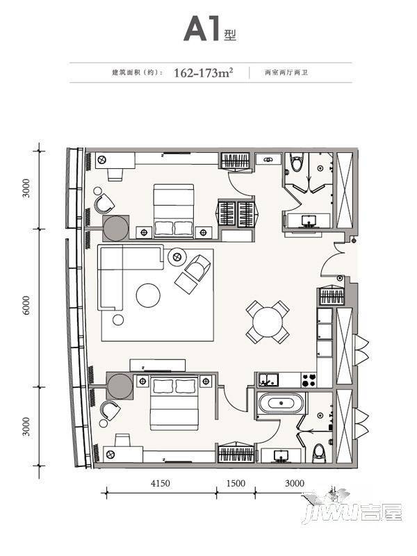 成都成都银泰中心华悦府a1户型图_首付金额_2室2厅2卫_162.