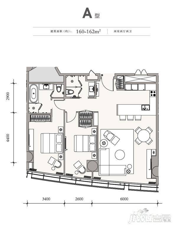 成都银泰中心华悦府2室2厅2卫160㎡户型图