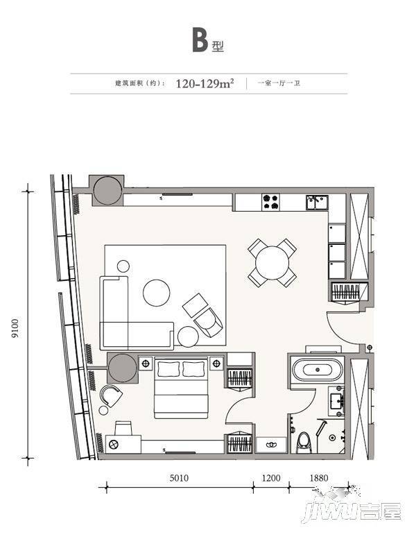 成都银泰中心华悦府1室1厅1卫120㎡户型图