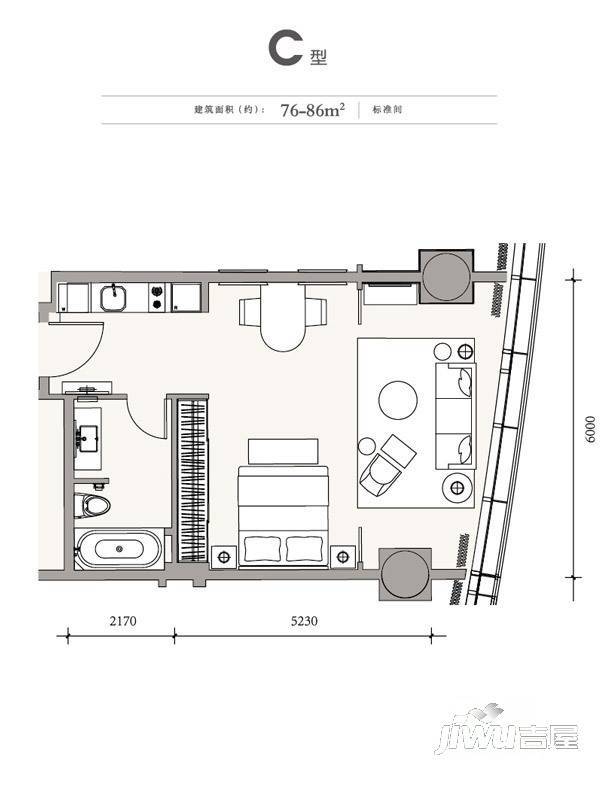 成都银泰中心华悦府1室1厅1卫76㎡户型图